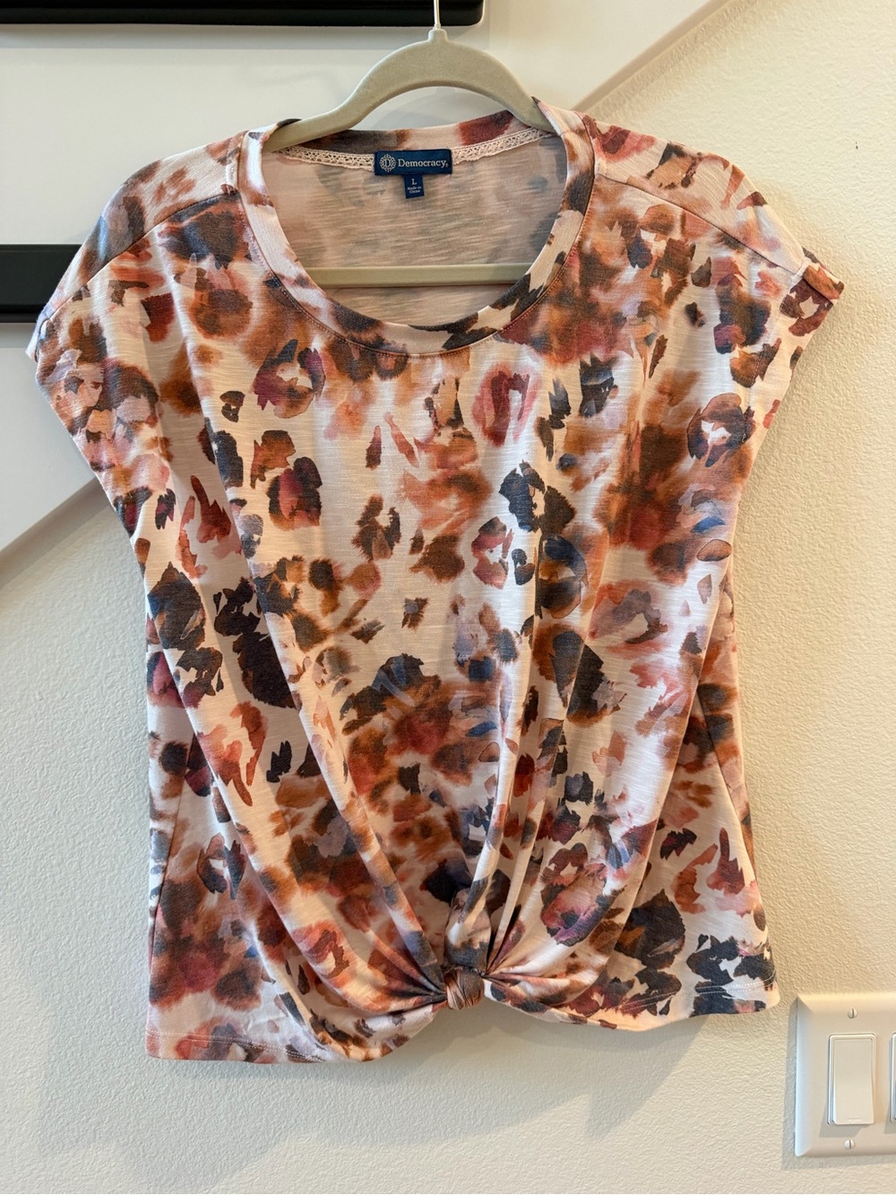 Democracy Multicolor Knot-Front Crop Tee in Rust & Taupe